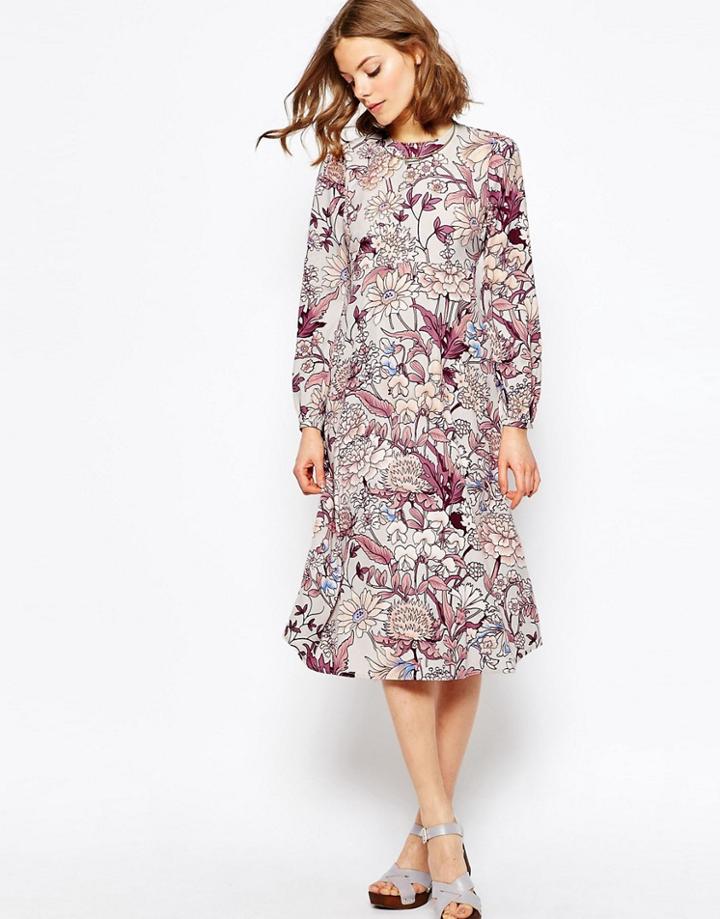 Asos Printed Column Midi Dress In Floral Print - Multi