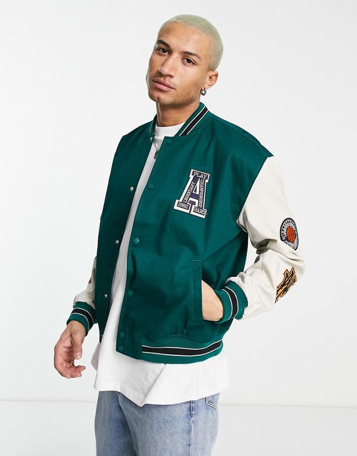 Asos Design Oversized Varsity Bomber Jacket In Green And Ecru Cotton