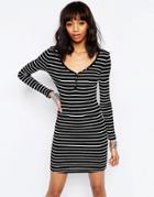 Brave Soul Long Sleeve Jersey Striped Dress With Button Front - Black