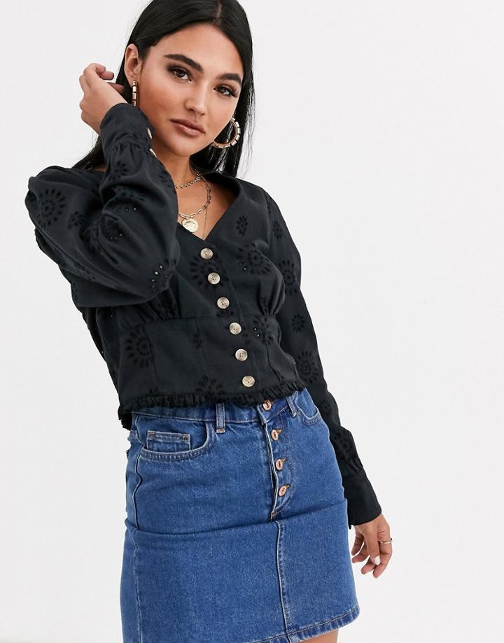 Asos Design Denim Broderie Top With Buttons-white