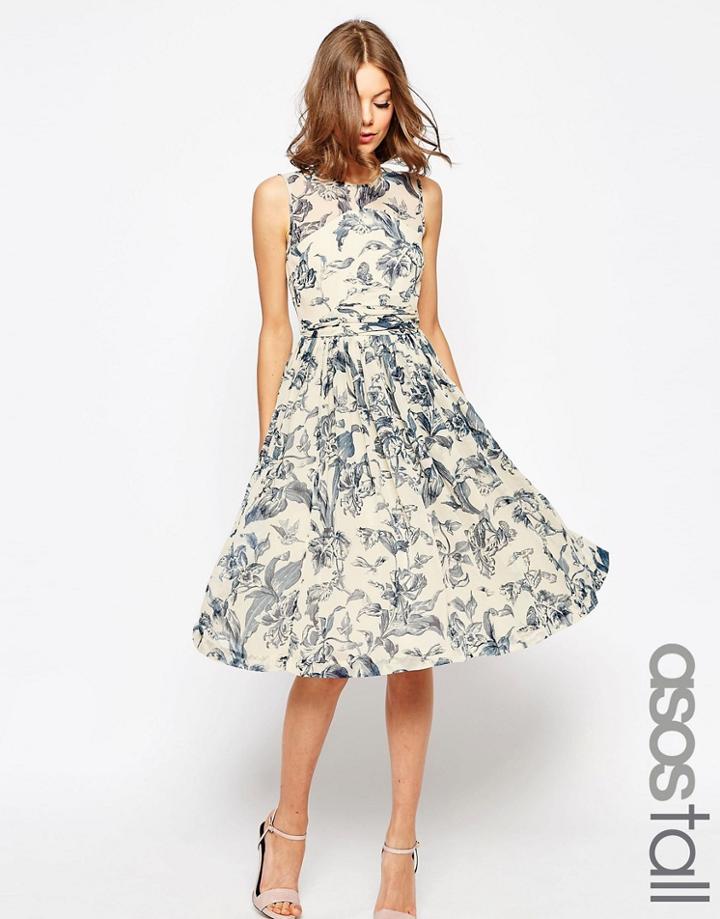 Asos Tall Wedding Midi Dress With Ruched Panel Detail In Print - Multi