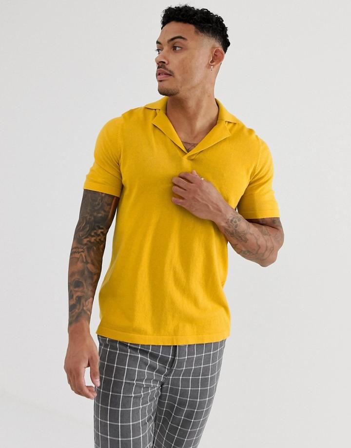 Asos Design Knitted Revere Polo T-shirt In Mustard - Yellow