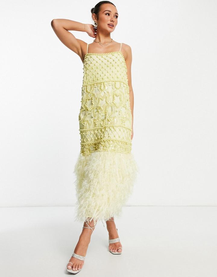 Asos Edition Pearl Embellished Cami Midi Dress With Feathers In Lemon-yellow