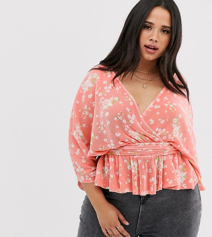 Asos Design Curve Plisse Wrap Top With Tie Side In Floral Print-multi
