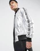 Asos Bomber Jacket With Tape Detail In Silver - Silver