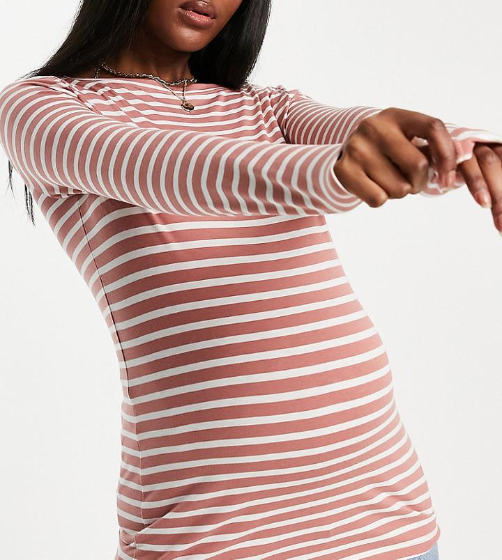 Asos Design Maternity Long Sleeve Striped T-shirt In Mink-multi