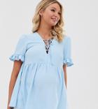 Asos Design Maternity 3/4 Sleeve Smock Top With Lace Up Detail-white