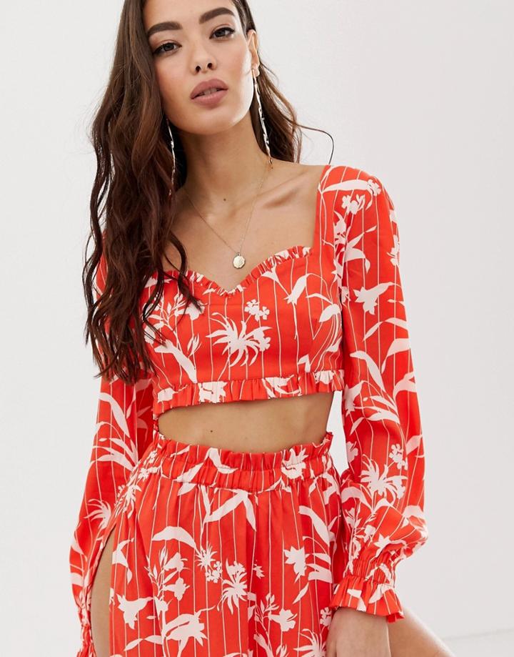 Asos Design Bardot Milkmaid Beach Top In Flamenco Floral Stripe Print Two-piece-multi