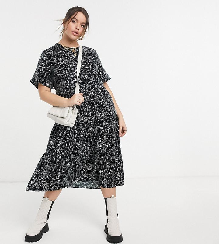 Influence Plus Shirred Tiered Midi Dress In Black Polka Dot-multi
