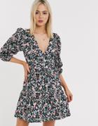 Asos Design Cotton Poplin Tiered Mini Wrap Dress In Floral Print-multi