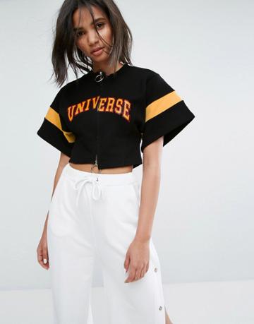 Stylenanda Knitted Crop Top With Varsity Print And Zip - Black