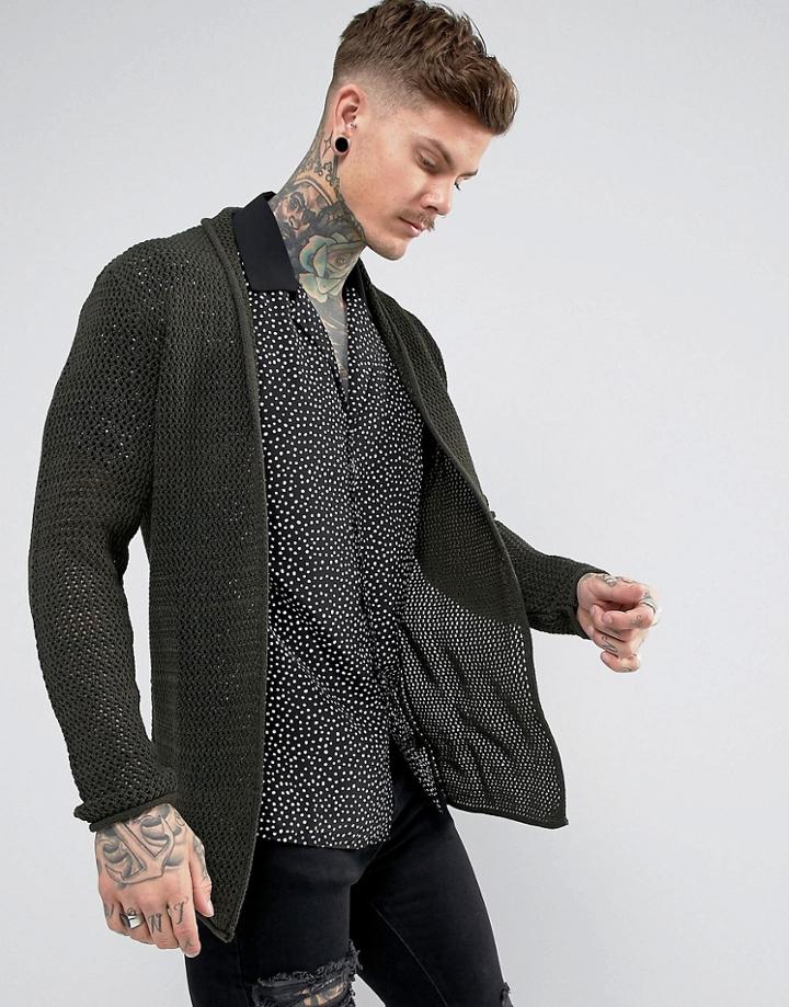 Asos Mesh Waterfall Cardigan In Khaki - Green