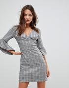 Parisian Check Wrap Front Dress With Flare Sleeve - Gray