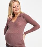 Asos Design Maternity Fitted Polo In Rib With Long Sleeve In Brown