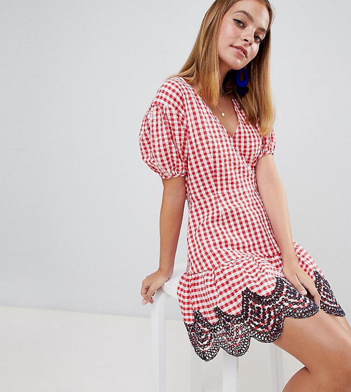 Asos Design Petite Mini Wrap Dress In Gingham With Broderie Detail - Multi
