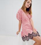 Asos Design Petite Mini Wrap Dress In Gingham With Broderie Detail - Multi