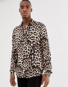 Asos Design Regular Fit Shirt In Leopard Print - Brown