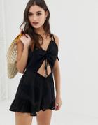 Glamorous Tie Front Beach Romper In Black