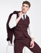 Asos Design Wedding Skinny Wool Mix Suit Vest In Burgundy Herringbone-red