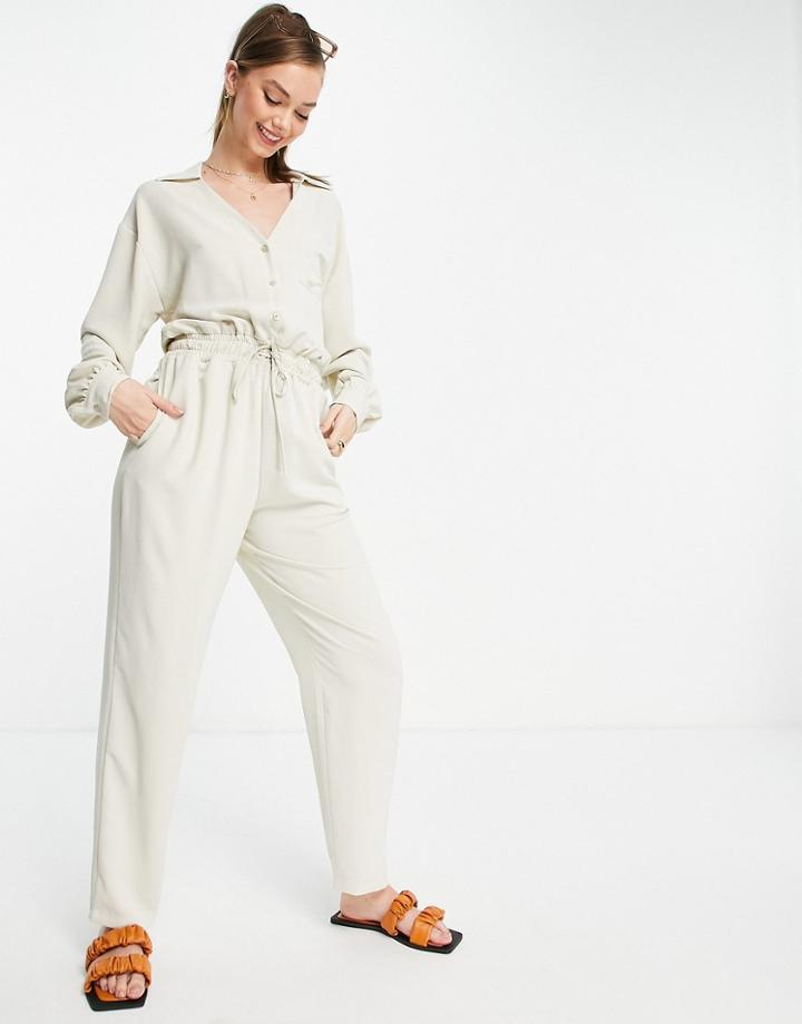 Asos Design Woven Drawstring Sweatpants Jumpsuit In Beige-neutral