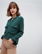 Stradivarius Pocket And Button Detail Utility Blouse - Green