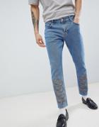 Asos Design Slim Jeans In Mid Wash Blue With Snake Print - Blue