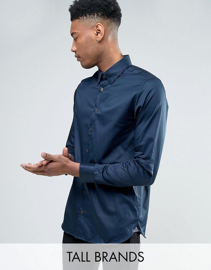 Ted Baker Tall Satin Stretch Smart Shirt - Navy