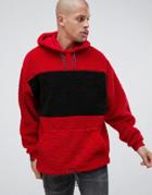 Asos Design Oversized Hoodie In Borg With Color Blocking - Red
