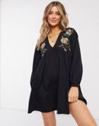 Asos Design Mini Dress With V Neck And Floral Embroidery Detail-black