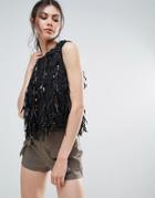 Endless Rose Sleeveless Top With Fringed Detail - Black
