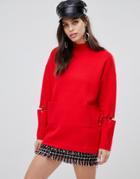 Liquorish Long Sweater With Front Pockets And Lacing Detail On Sleeves - Red