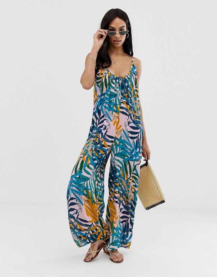 Asos Design Low Back Jumpsuit In Crinkle In Palm Print-multi