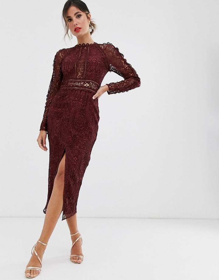 Asos Design Long Sleeve Pencil Dress In Lace With Geo Lace Trims - Red