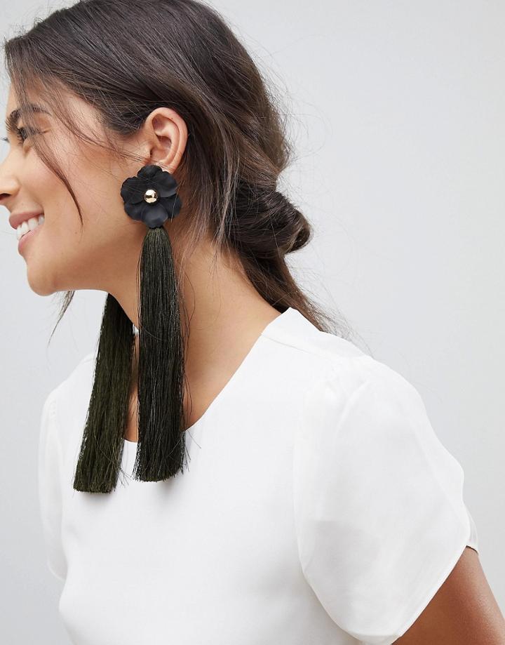 Asos Statement Matte Flower And Tassel Earrings - Green
