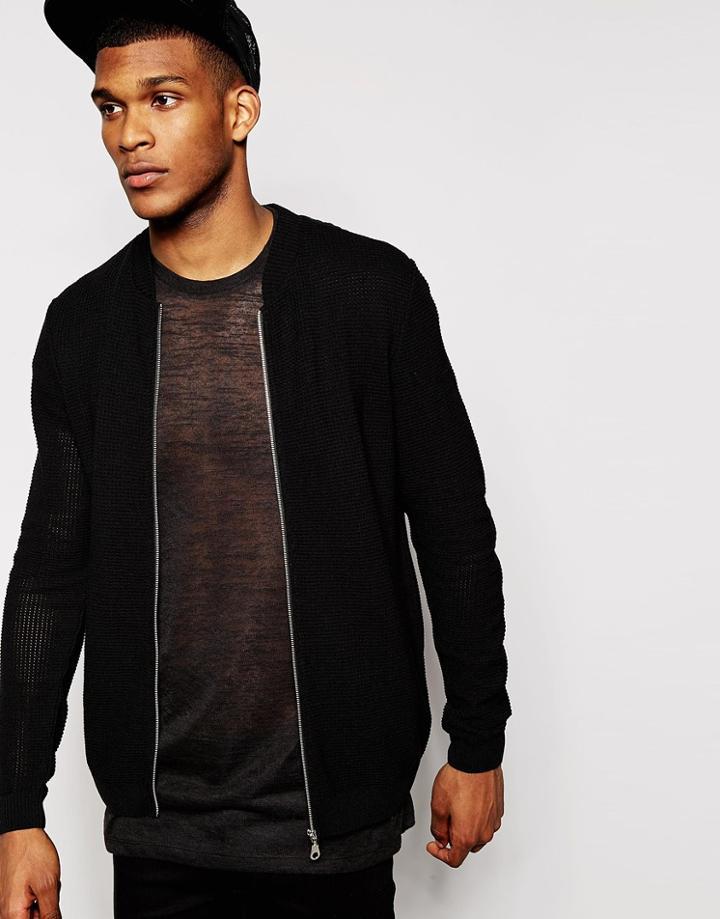 Asos Knitted Bomber Jacket In Mesh - Black