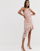 Love Triangle Halter Neck Lace Midi Dress With Asymmetric Skirt In Pink - Pink