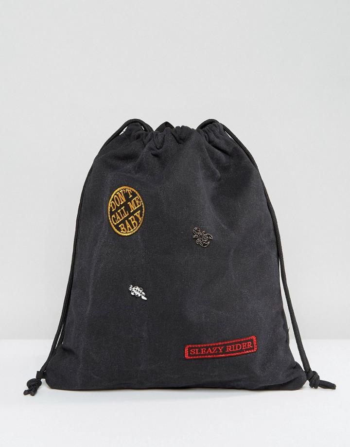 Sacred Hawk Sleazy Rider Washed Denim Drawstring Backpack - Black