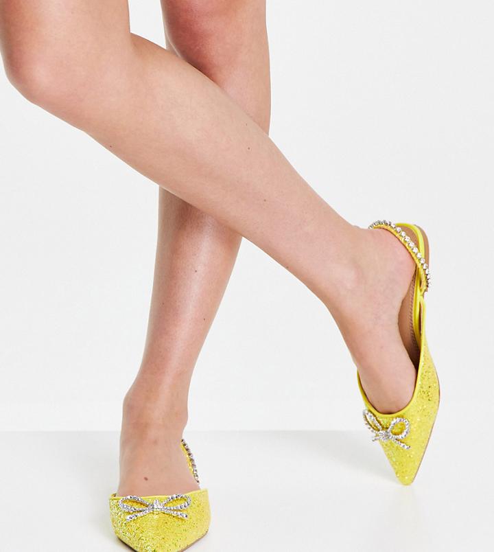 Asos Design Wide Fit Liana Slingback Pointed Flats With Bow In Yellow Glitter