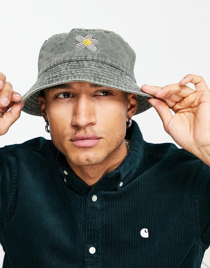 Asos Design Cotton Bucket Hat With Flower Embroidery In Washed Green-black