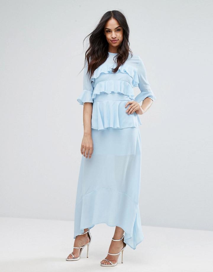 Prettylittlething Frill Detail Maxi Dress - Blue