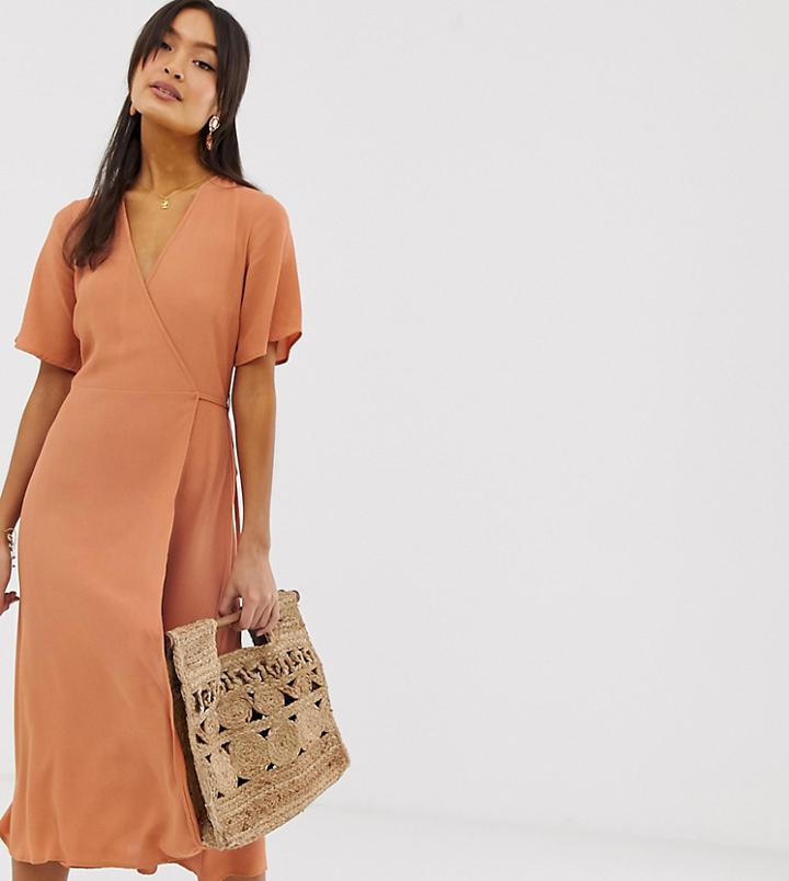 New Look Midi Wrap Dress In Rust - Brown