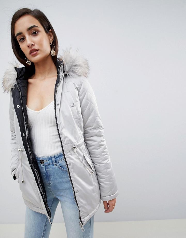 Lipsy Reversible Parka With Faux Fur - Black