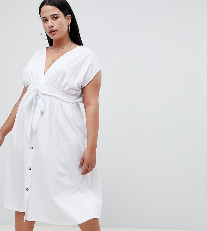 Asos Design Curve Midi Dress With Belt And Tortoiseshell Buttons - White