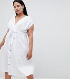 Asos Design Curve Midi Dress With Belt And Tortoiseshell Buttons - White
