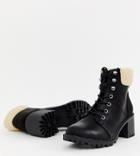 New Look Shearling Lace Up Heeled Boot In Black