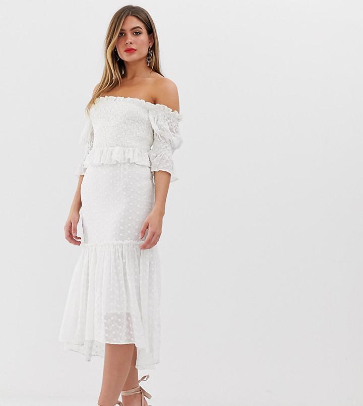 Dark Pink Bardot Crochet Lace Midi Dress In White - White