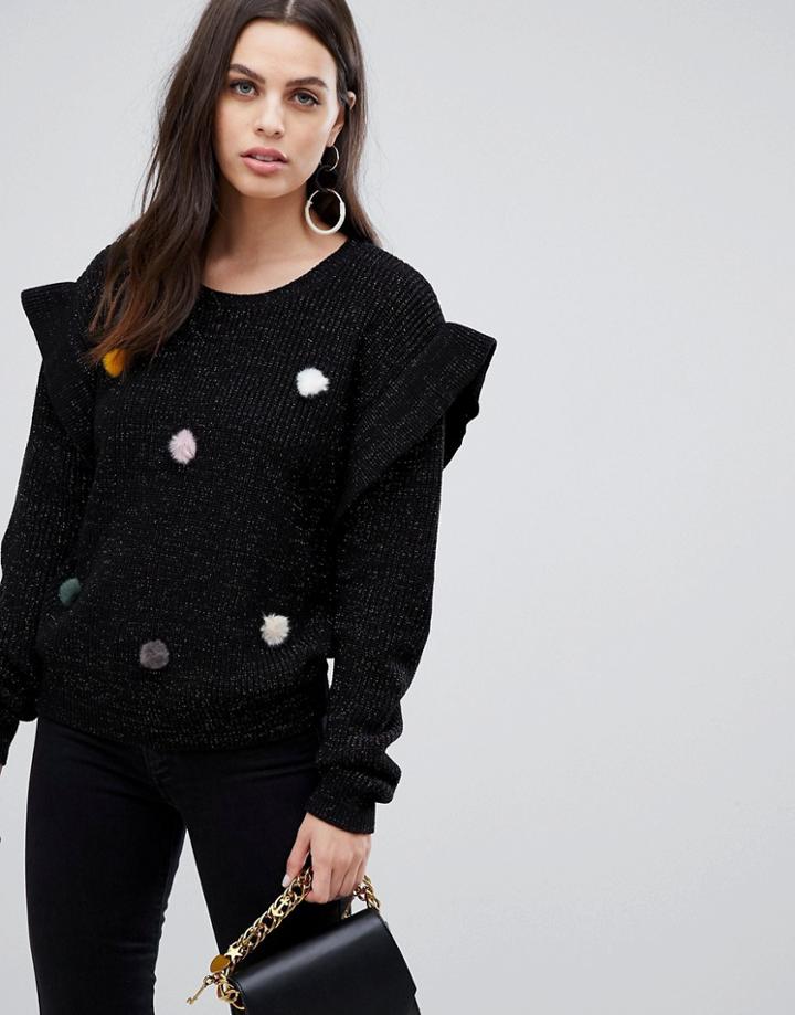 Liquorish Tinsel Sweater With Faux Fur Pom Poms - Black