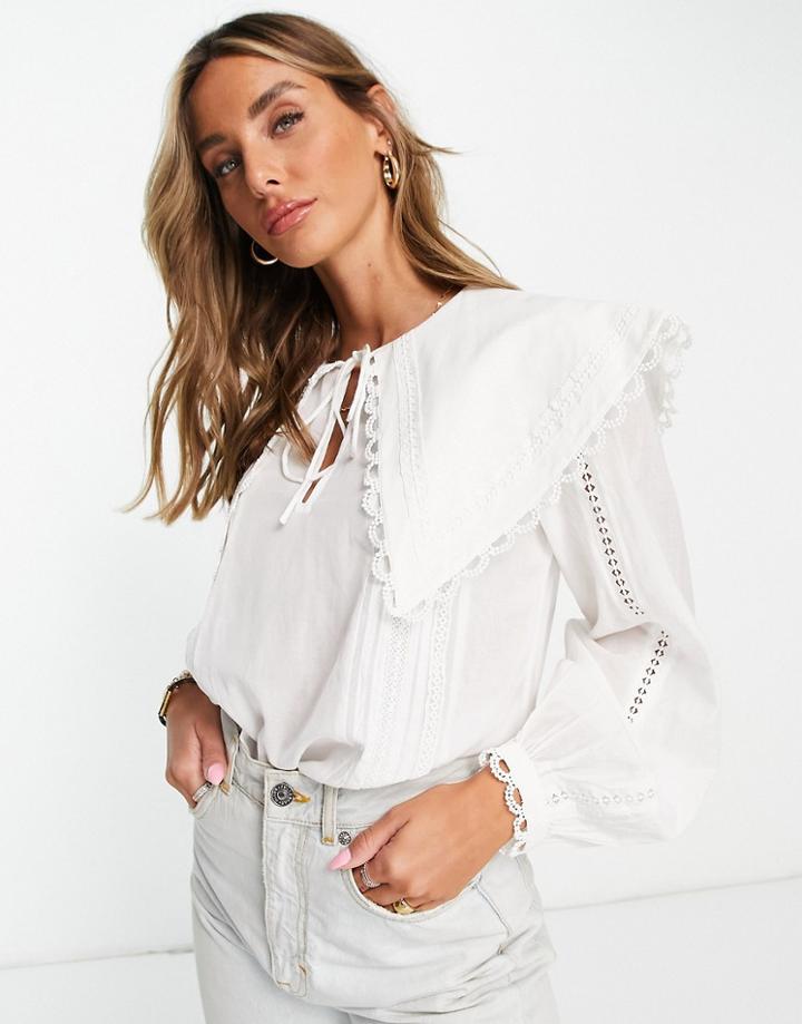 River Island Long Sleeve Denim Collared Blouse In Cream-white