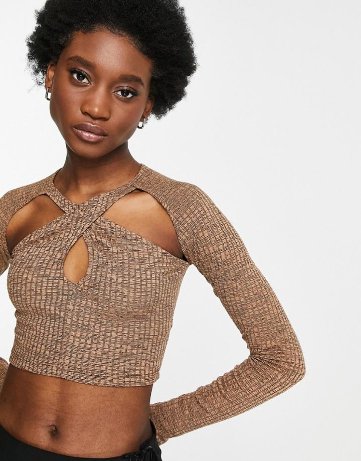 Pull & Bear Cut Out Long Sleeved Ribbed Halterneck Top In Sand-neutral