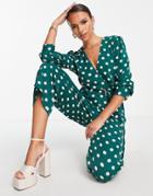 Ax Paris Polka Dot Plunge Neck Jumpsuit In Green